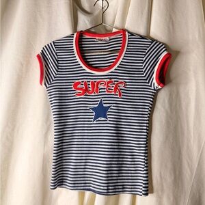 Striped ‘Baby Tee’ Super Star Shirt Red White Blue 90s 70s Adult XS